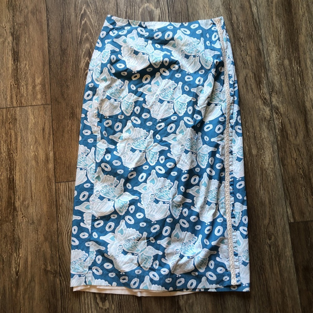 Lilly Pulitzer Skirt Womens 10 Blue Floral Midi Straight Pencil Embroidered